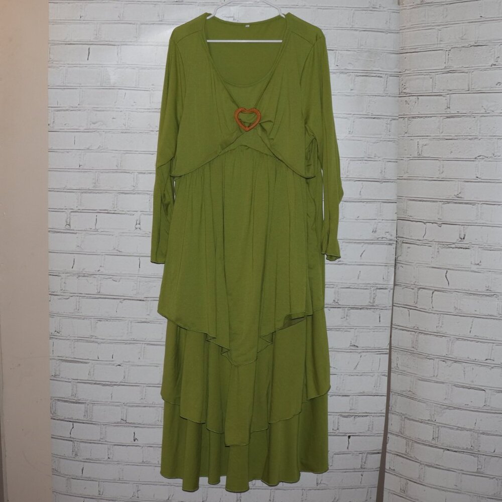 Vintagejelyfish Olive Green Layered Long Sleeve Maxi Dress with Heart Accent